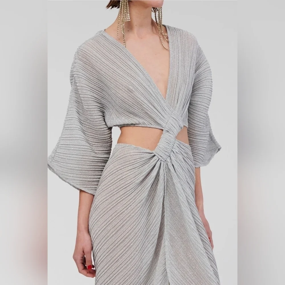 SUBOO Stevie Pleated Cross-Over Maxi Dress w Mini Shorts, Shimmer Gray, Medium